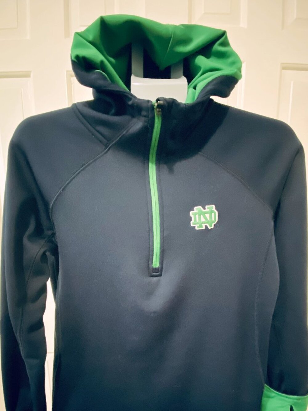 Notre Dame Colosseum Athletics 1/4 Zip Hoodie Navy/Green Unisex Sz Lg EUC